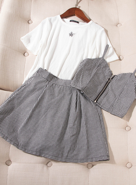 日单大童品牌夏季新款甜美针织短袖T恤+吊带+格子半身裙套装26441