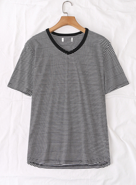 日单夏季新款简单清新百搭减龄鸡心领横条纹短袖T恤上衣女20298