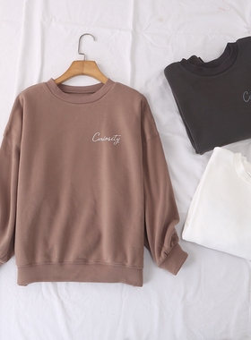 日单秋冬新款简单休闲纯色罗纹圆领字母薄绒长袖打底卫衣女24730