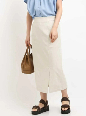 日单春夏新款简单大方纯色拉链半松紧腰侧口袋斜开叉半身裙30632