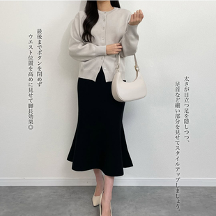 日单品牌春秋新款 优雅气质休闲百搭半松紧腰拼接鱼尾半身裙29165