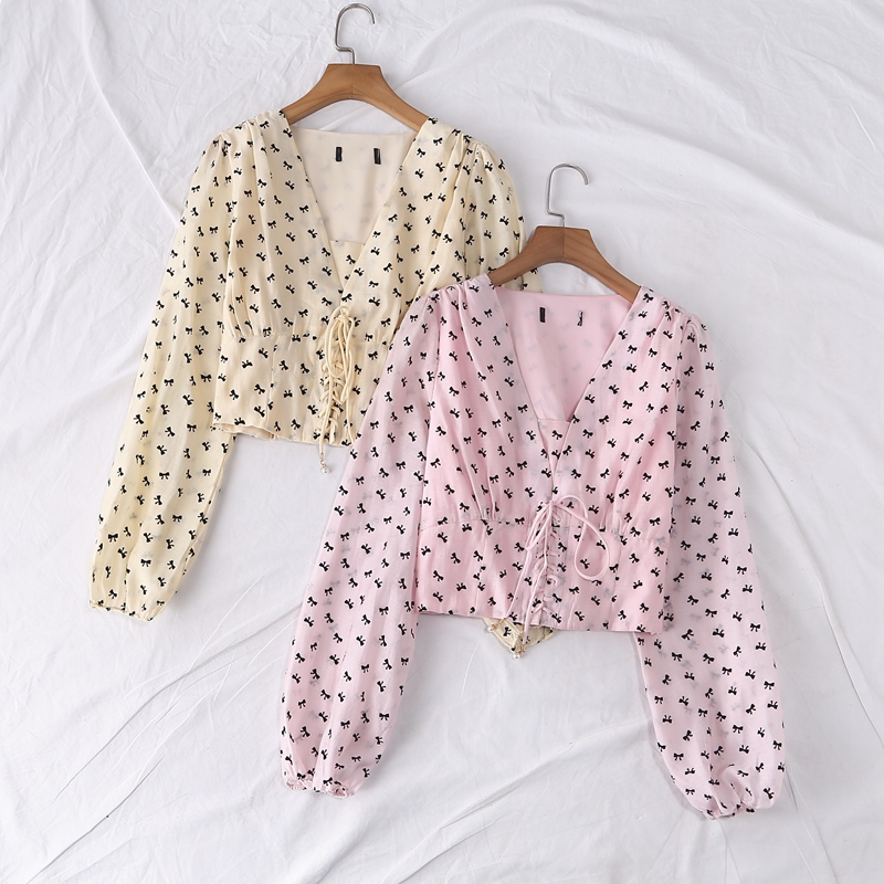 V领蝴蝶结绑带束腰短款衬衫小衫