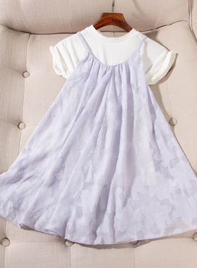 日单品牌童装夏季新款圆领薄款针织T恤+吊带提花雪纺裙套装27004