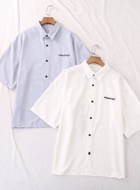 日单春夏日系风衬衫翻领字母刺绣短袖系扣后方框图衬衣男女23454