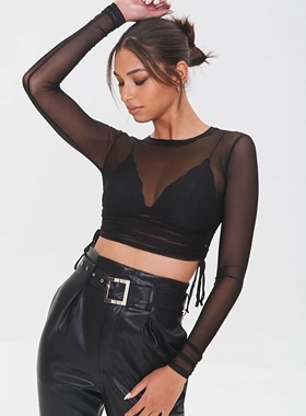 外贸夏季新款时尚网纱半透轻薄松紧系带长袖罩衫防晒小衫女18989