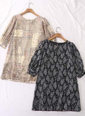 日单春夏新款优雅时尚百搭圆领一粒扣印花雪纺含内衬连衣裙23664