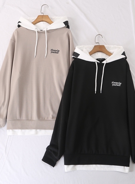 日单春季新款休闲百搭连帽字母印花拼接下摆卫衣假两件男女25385