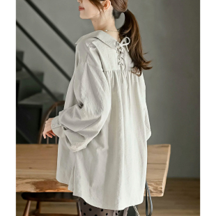 上衣女32217 衬衫 日单品牌春秋新款 甜美减龄翻领后颈系带磨毛长袖