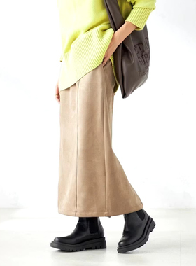 日单秋冬新款时尚保暖半松紧腰拉链款后开叉麂皮绒半身裙女30639