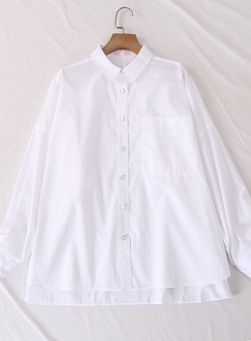 日单品牌春秋新款翻领系扣单侧口袋不规则下摆廓形感棉衬衫26313