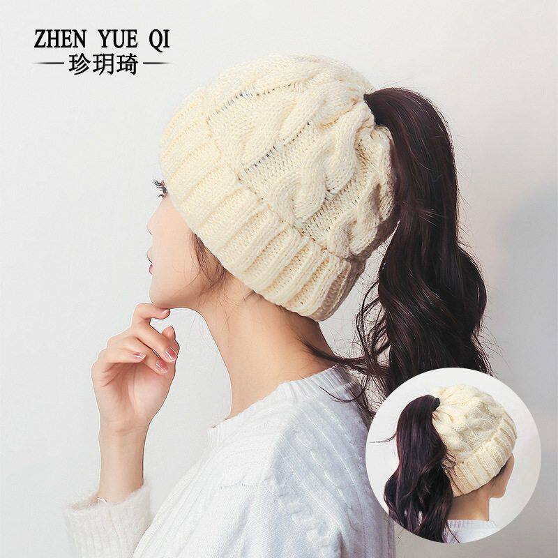 冬季新款欧美纯色麻花扎马尾毛线帽子女时尚显脸小保暖针织帽跨境