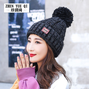 珍玥琦冬季新款帽子女士加绒加厚防寒护耳毛线帽时尚铜标针织帽