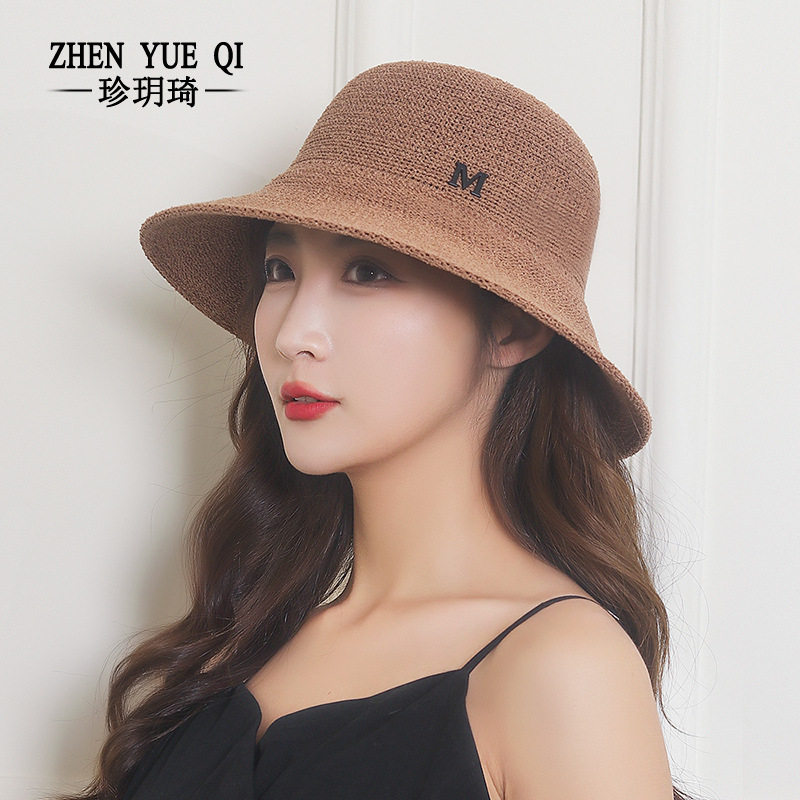 盆帽女夏天金属M字母帽子女休闲户外出游遮阳防晒渔夫帽折叠凉帽