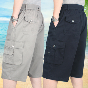 深裆高腰马裤 衩中老年多口袋宽松大码 夏季 薄款 纯棉男式 中裤 七分裤