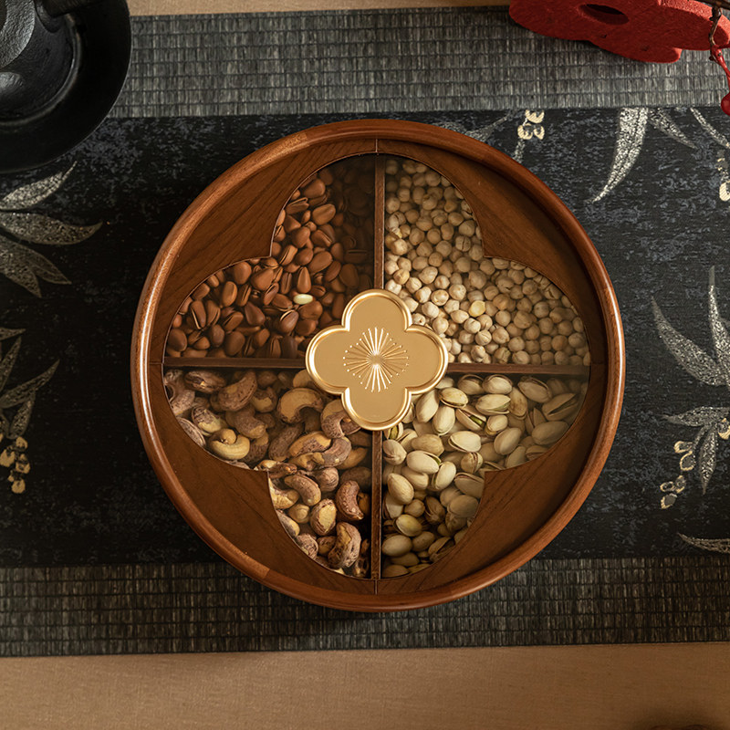 2025新年干果盒实木客厅茶几家用四宫格瓜子水果坚果盘糖果收纳盒