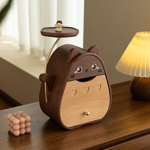可爱猫咪桌面收纳盒实木入户门置物架情人节礼物玄关钥匙收纳摆件