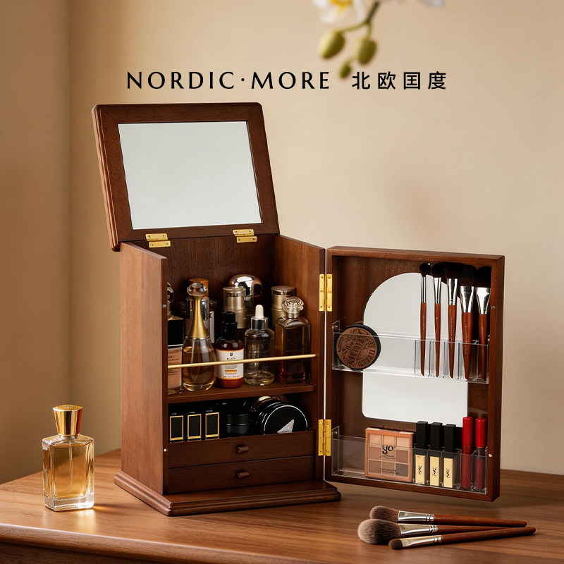 木质中古化妆品收纳盒桌面梳妆台置物架香水口红高级护肤品收纳架