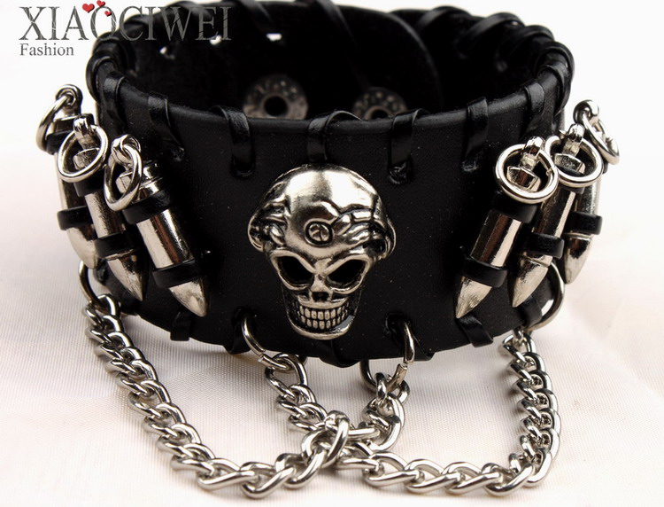 Punk Skull bullet Chain Leather Bracelet Goethe visual rock non mainstream multilayer Bracelet