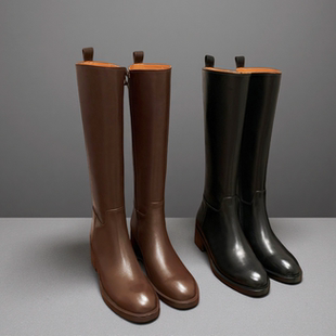 全头层牛皮@复古真皮骑士靴女棕色直筒高筒长筒靴子女厚底长靴女