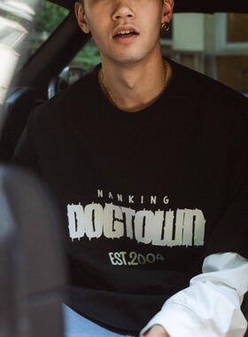 DOGTOWN胸前LOGO拼色拼接插肩袖假两件长袖TEE长袖T恤