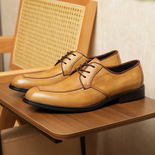 英伦夏季新款商务正装皮鞋男真皮透气德比鞋尖头复古做旧休闲皮鞋