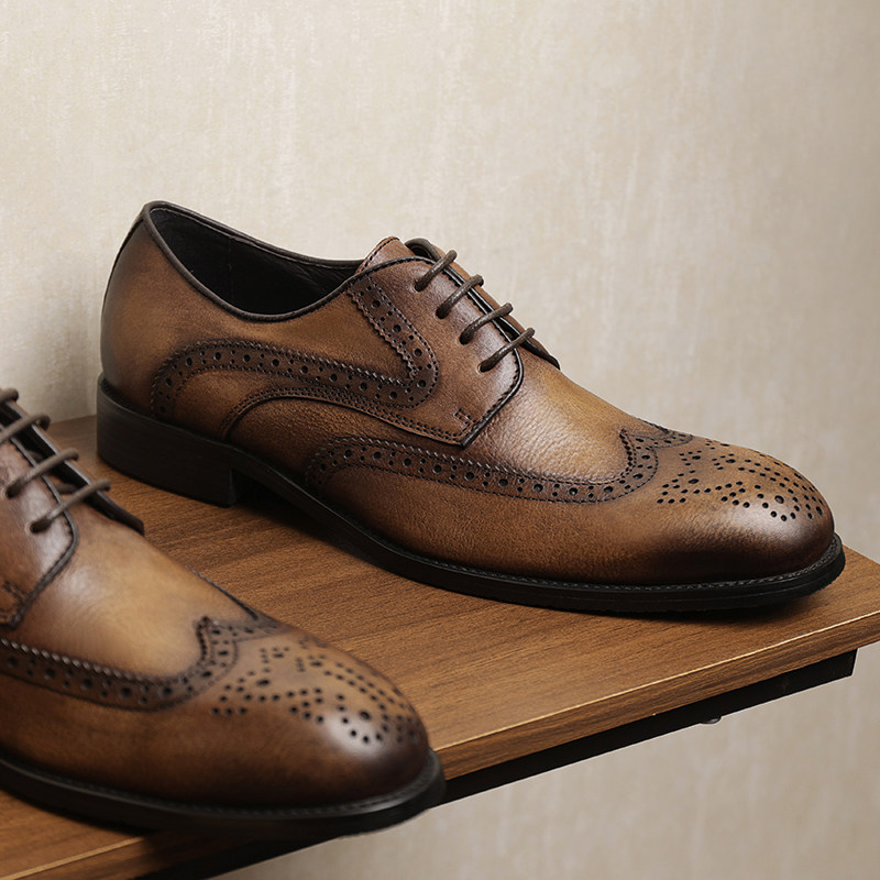 英伦风商务布洛克雕花复古真皮休闲皮鞋透气搭扣德比鞋正装皮鞋男