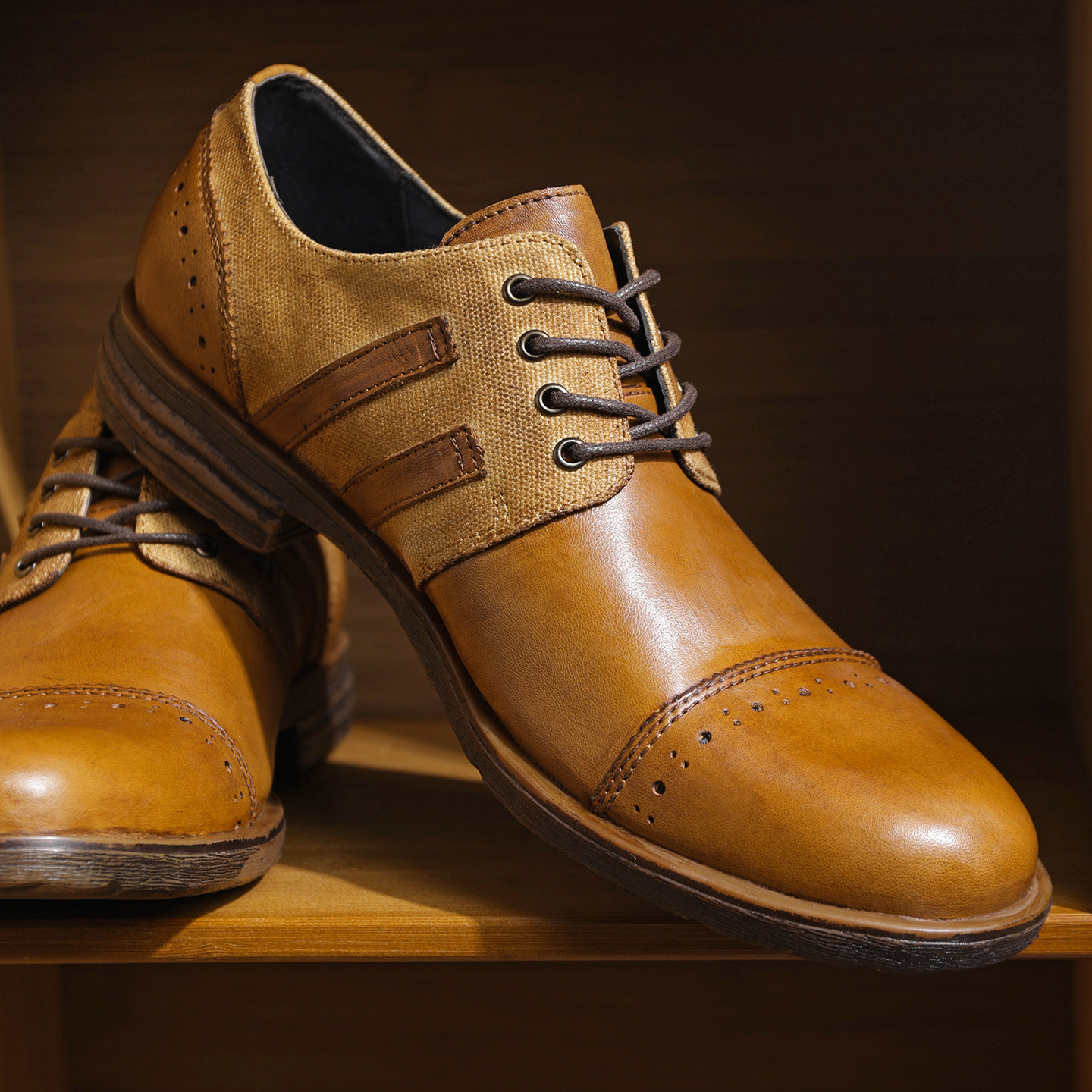 春夏季牛皮拼帆布透气复古做旧欧美粗犷增高休闲皮鞋工装鞋男鞋潮