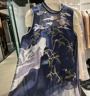 高端新款重工刺绣中式无袖背心蓝色真丝衬衫背心