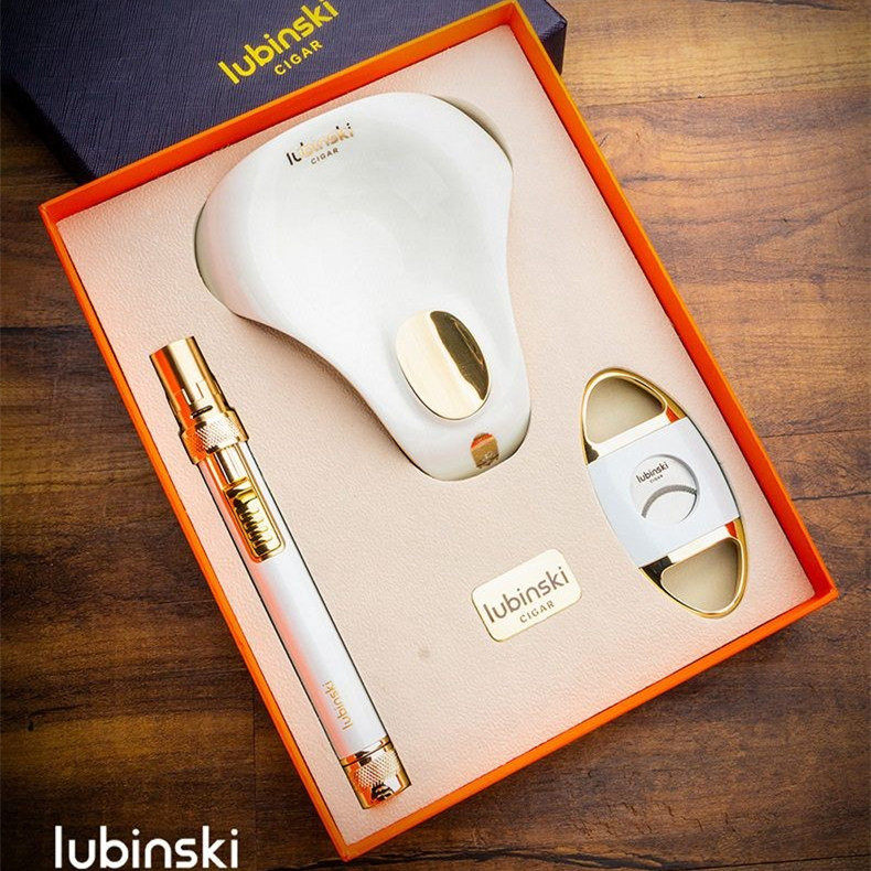 正品LUBINSKI鲁宾斯基雪茄工具套装打火机雪茄剪陶瓷烟灰缸礼盒装
