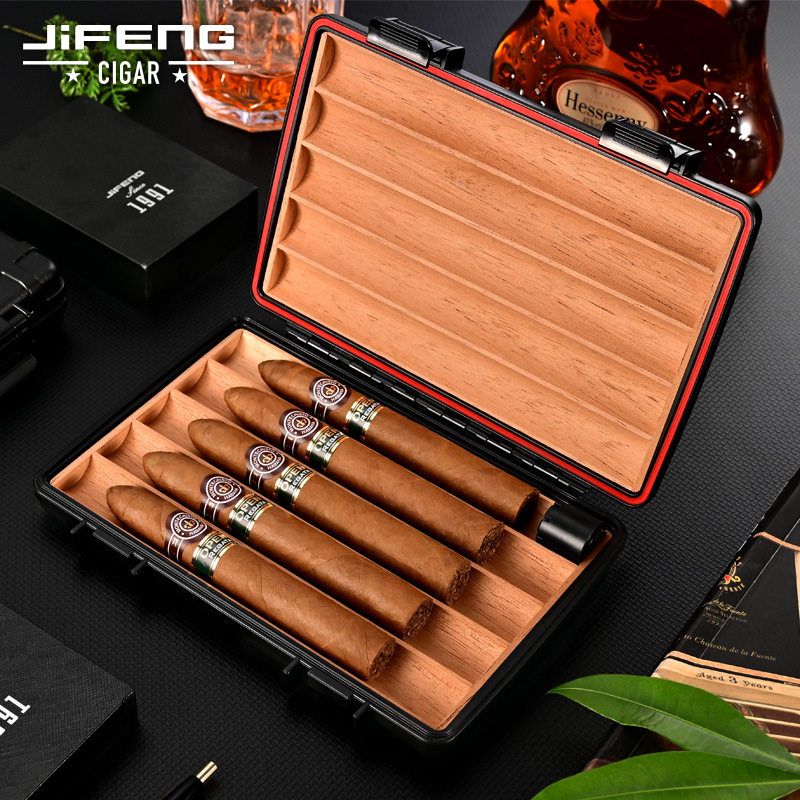 正品JIFENG季风白棕黑色环保塑料旅行保湿超薄五支装雪松木雪茄盒