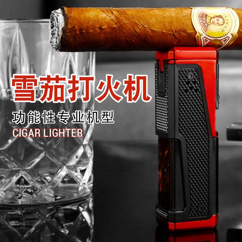 雪茄充气打火机四直冲便携点火烟托雪茄钻孔器可视气体礼盒包装