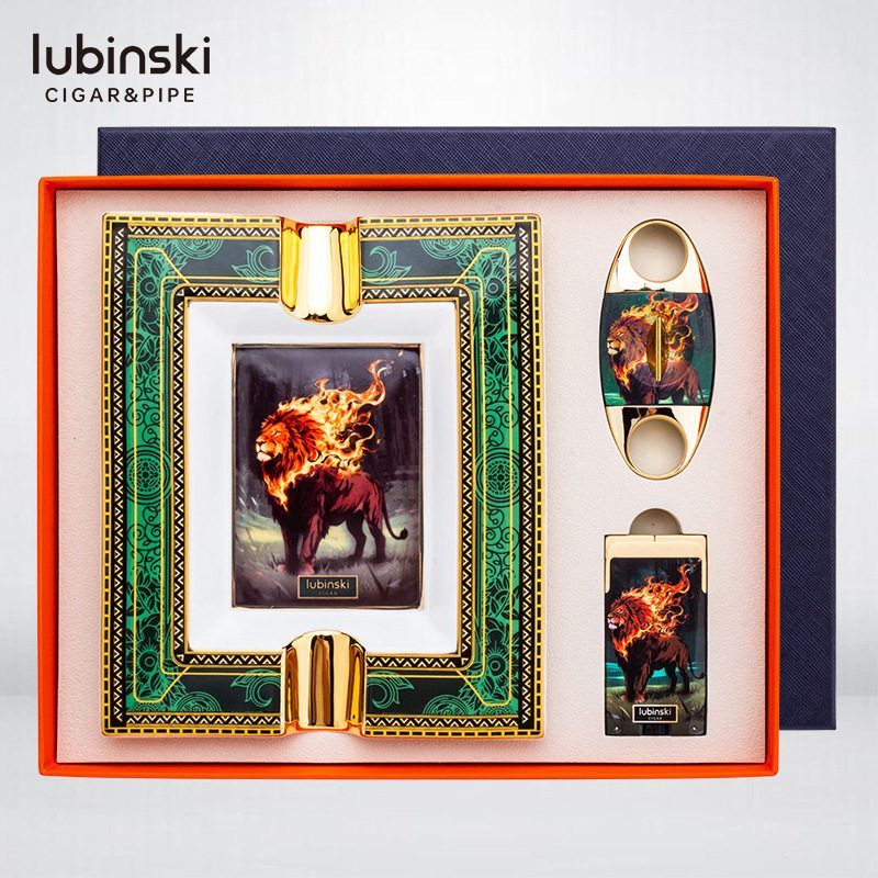 正品LUBINSKI鲁宾斯基雪茄工具三件套双直冲打火机陶瓷烟灰缸V剪