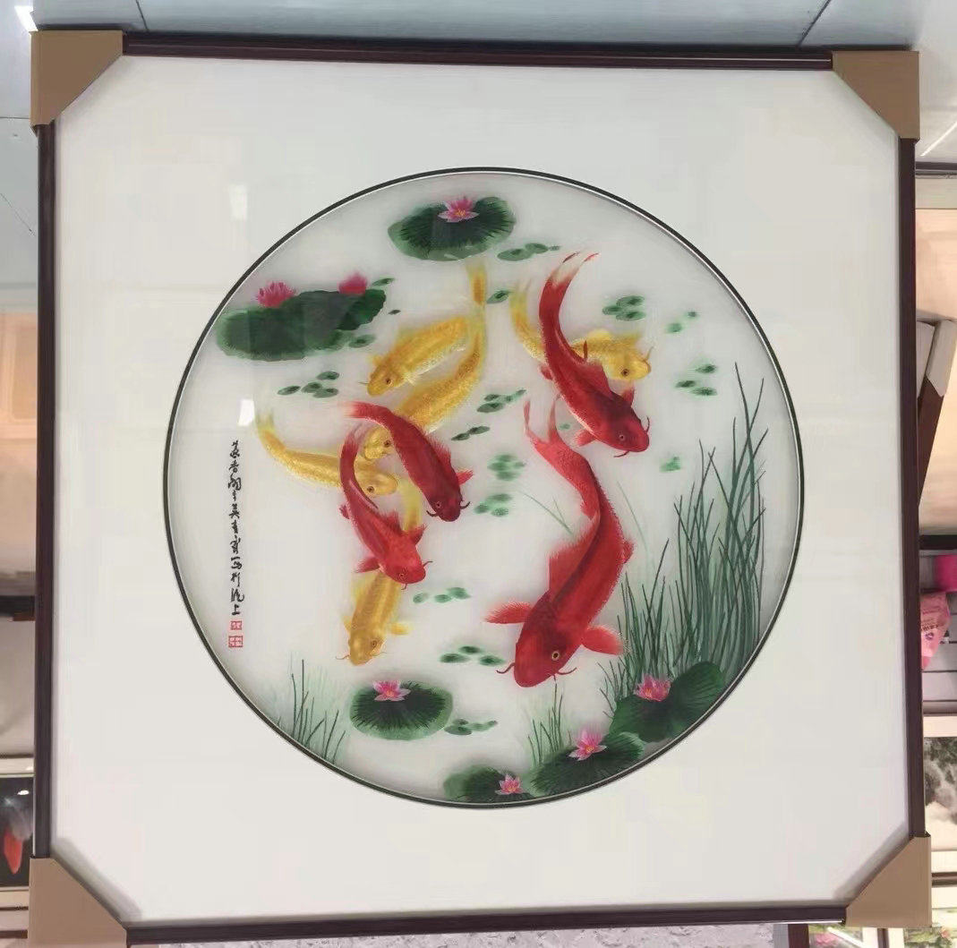 苏州刺绣机绣成品牡丹鸿运当头山水走廊实木外框苏绣透纱年年有余