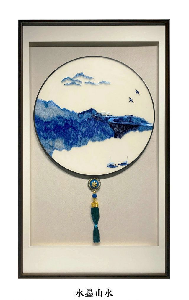 苏州刺绣玄关装饰画挂画山水鸿运当头纱布双框立体中国风成品礼品