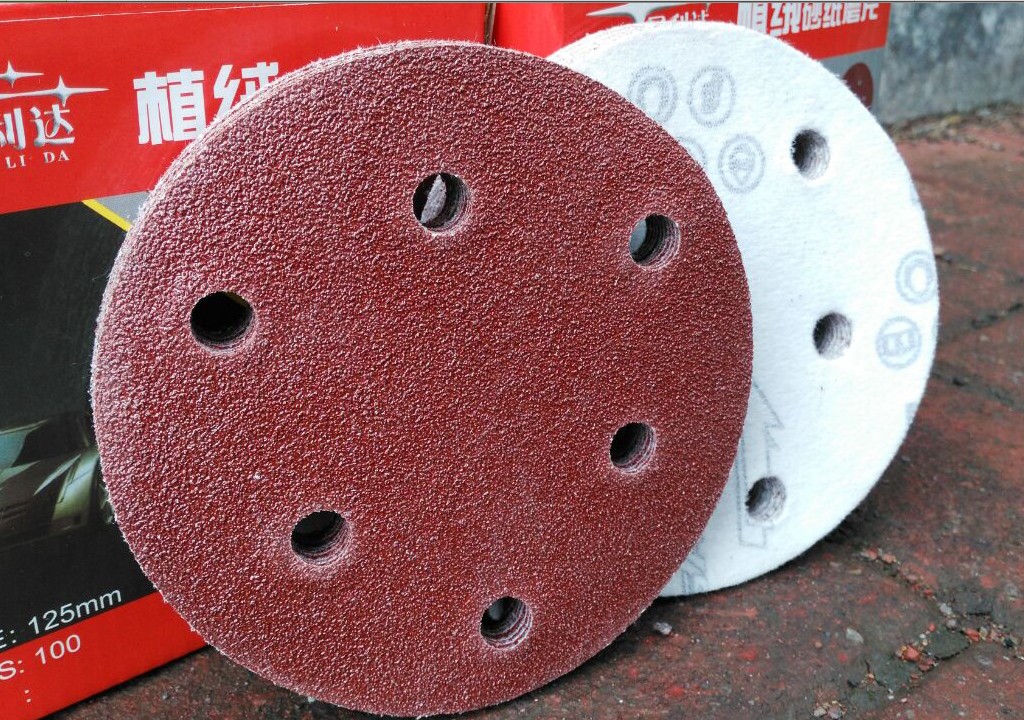 5寸6孔砂纸片干磨机红砂拉绒片背绒片圆盘砂带孔植绒砂纸片125MM