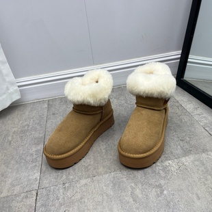 工厂断码真皮女鞋冬季新款舒适圆头厚底防滑羊毛保暖磨砂皮雪地靴