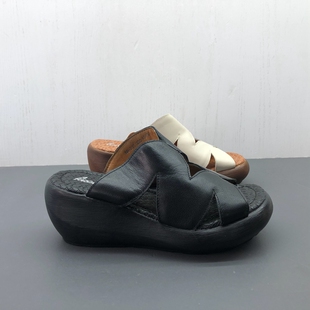 工厂新款断码真皮女鞋夏季时尚简约休闲坡跟日常轻便牛皮女拖鞋