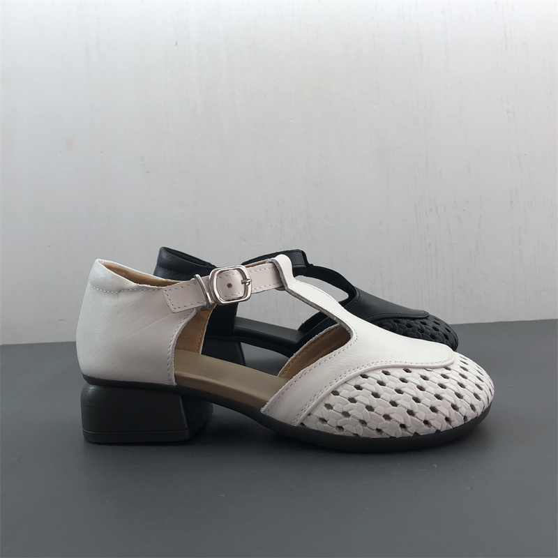 工厂新款断码真皮女鞋夏季日常舒适百搭包头粗跟中空牛皮女凉鞋
