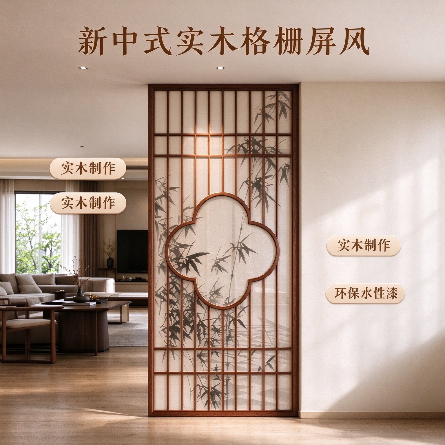 新中式实木墨竹隔断格栅玄关屏风
