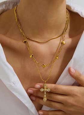 欧美锆石钛钢十字架项链