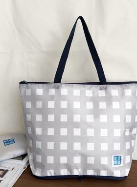 外贸单灰色格子折叠保温包便携加厚野餐袋超市生鲜保冷托特单肩包