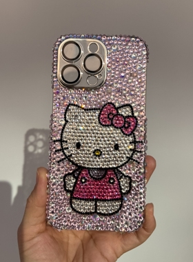 苹果17Promax贴钻DIY粘钻手工手机壳手机壳14带钻镶钻网红16立体KT猫13iPhone12131415proXSMax手机壳