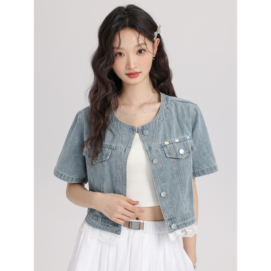 夏季蕾丝拼接短袖牛仔衬衫外套女