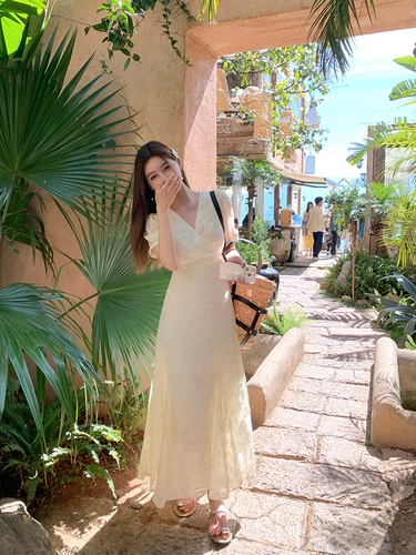 Приталенный корсет, летнее платье, длинная юбка, короткий рукав, V-образный вырез