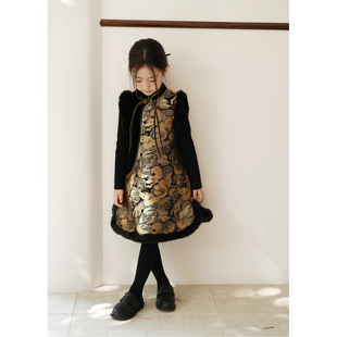 小鸡家原创龙福 鎏金丝绒亲子中式夹棉马甲 儿童旗袍连衣裙