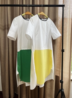 原388捡漏2~简洁清爽MA纯棉府绸色块拼接圆领短袖连衣裙女