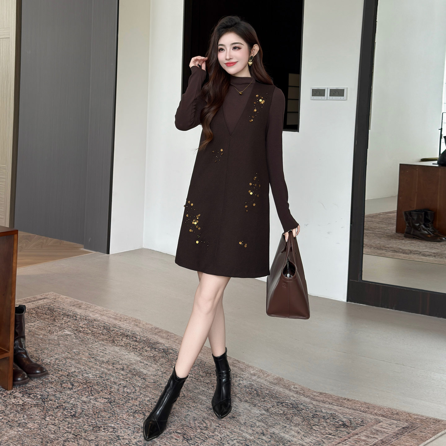 背心连衣裙叠穿毛衣两件套