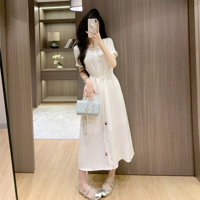 长款亚麻清冷感白月光连衣裙