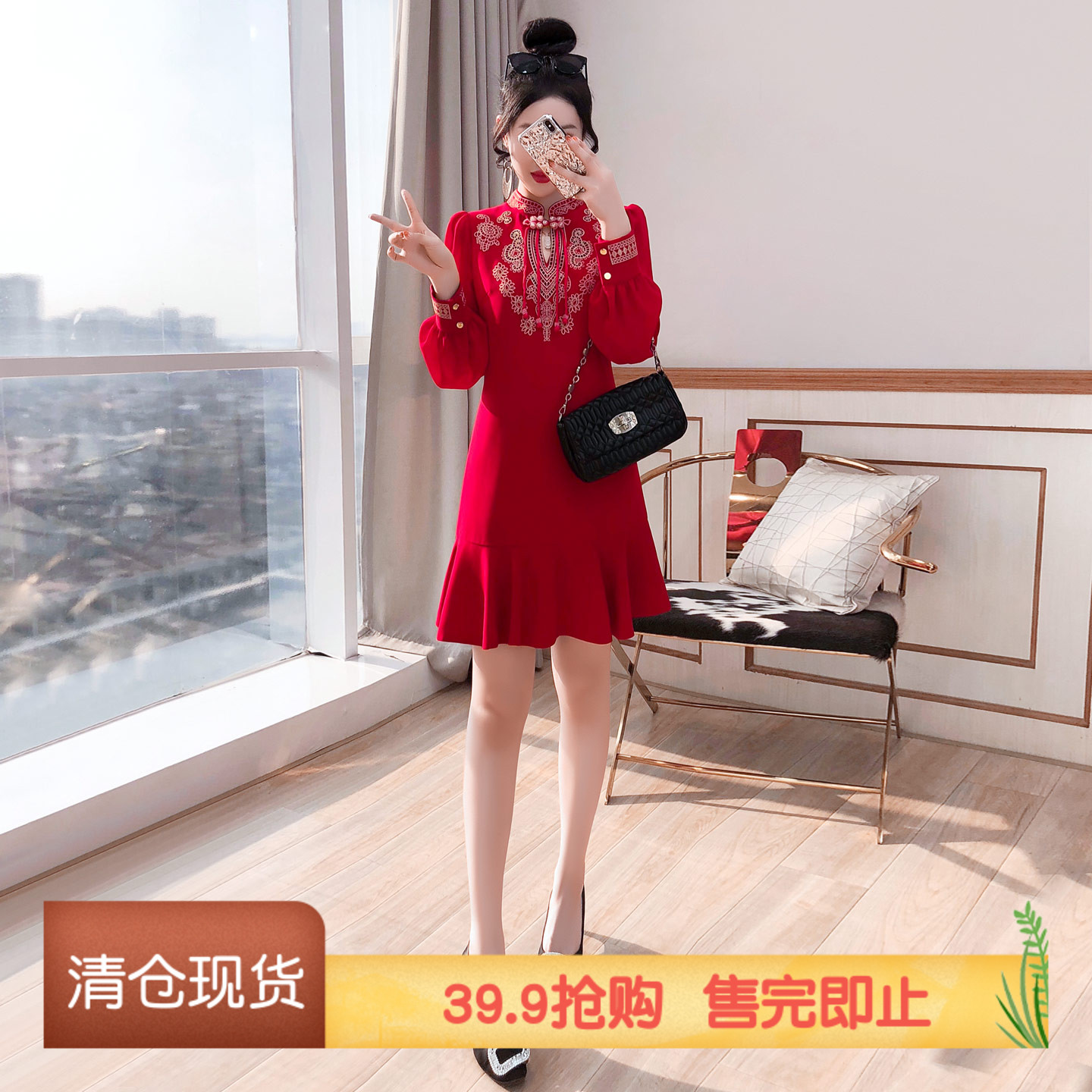 中国风气质红色优雅连衣裙图片