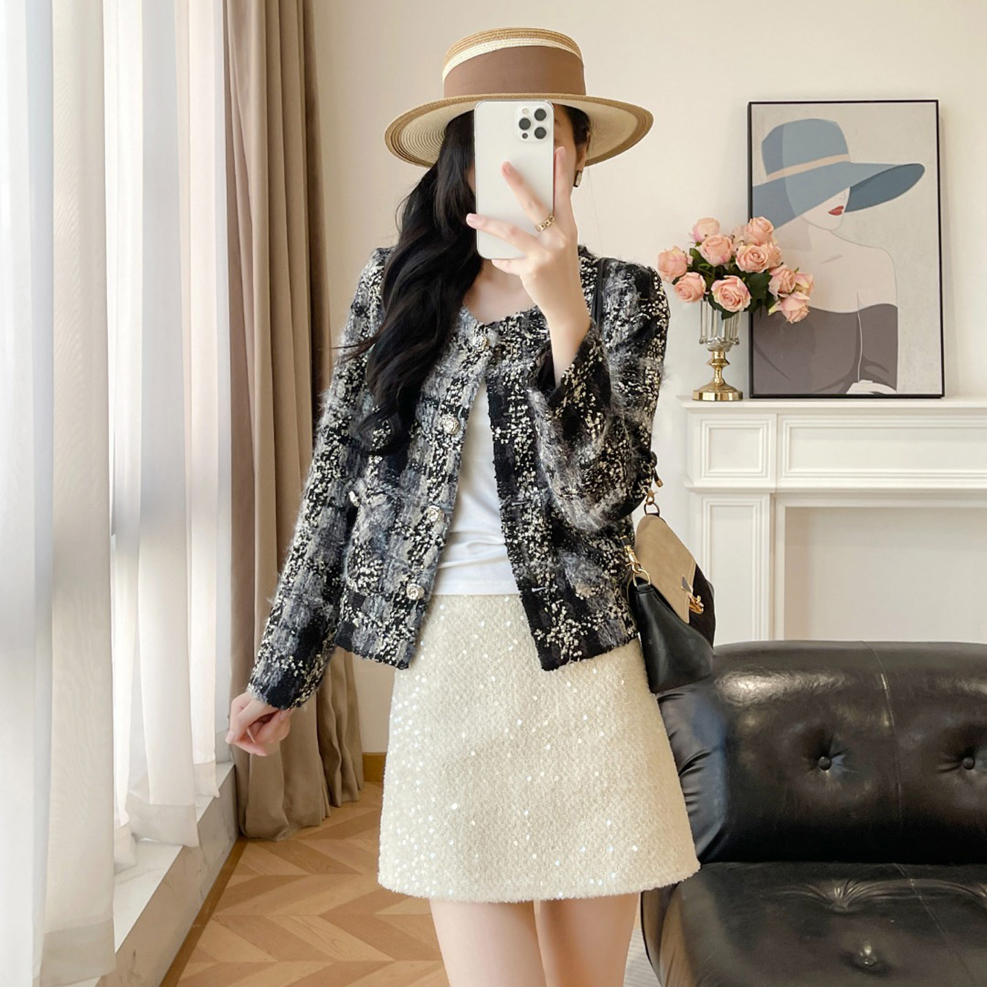 粗花呢格子短款高端小资外套